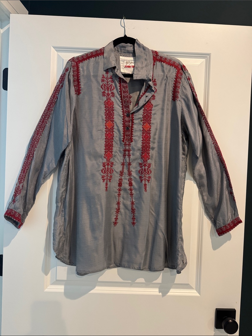 Johnny Was Grey Shirt Jacket with Red Embroidery